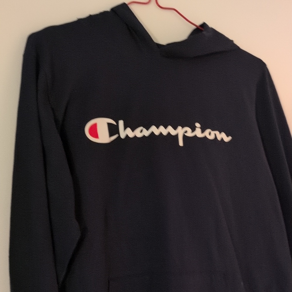 Champion Navy Long Sleeves Tee/Hoodie with White Script and Red Emblem